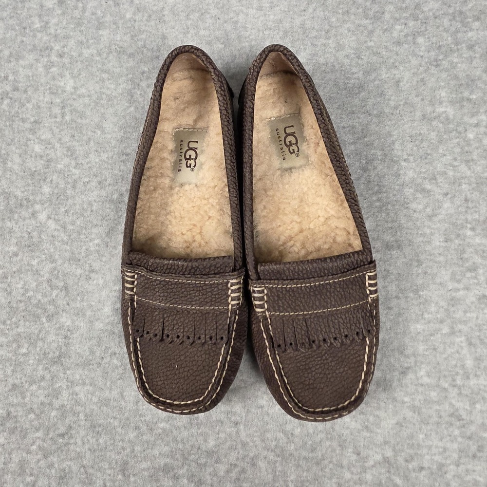 UGG Australia Moccasin Shoes Womens Size 6.5‎ Brown Leather Sheepskin Lined